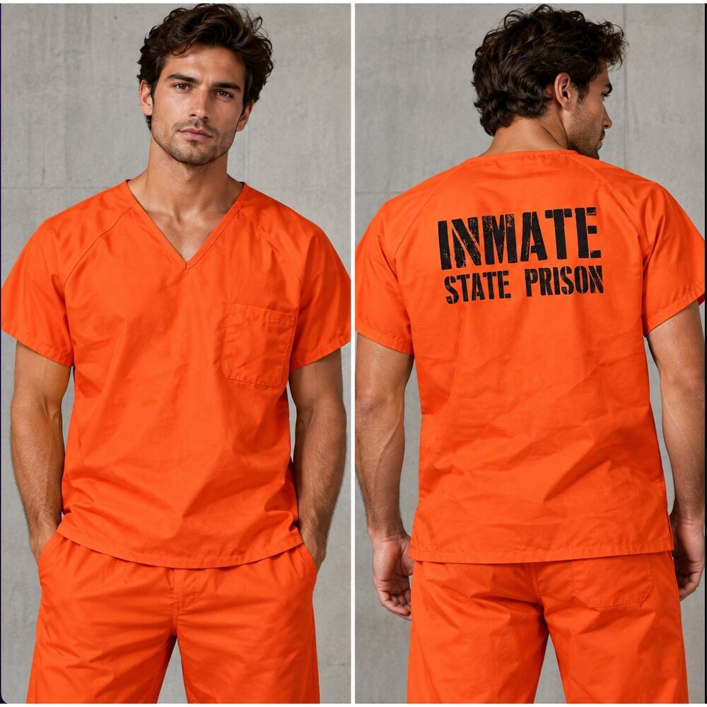 Spirit Halloween Inmate State Prison Orange Prisoner Costume Shirt Adult L XL